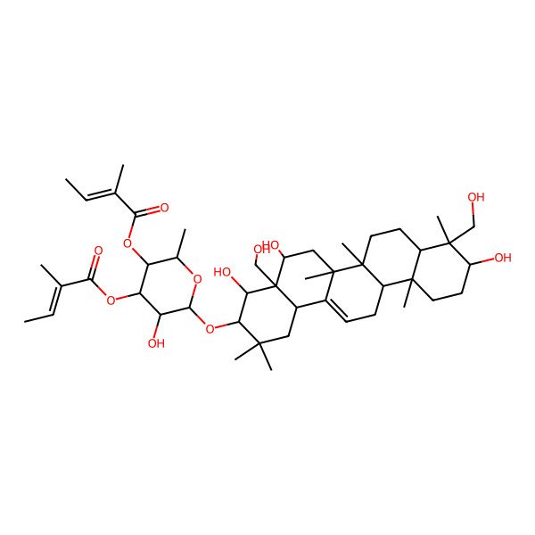 2D Structure of [5-Hydroxy-2-methyl-4-(2-methylbut-2-enoyloxy)-6-[[4,5,10-trihydroxy-4a,9-bis(hydroxymethyl)-2,2,6a,6b,9,12a-hexamethyl-1,3,4,5,6,6a,7,8,8a,10,11,12,13,14b-tetradecahydropicen-3-yl]oxy]oxan-3-yl] 2-methylbut-2-enoate