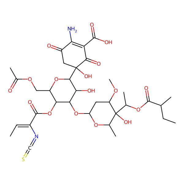 2D Structure of (5R)-5-[6-(acetyloxymethyl)-3-hydroxy-4-[5-hydroxy-4-methoxy-6-methyl-5-[(1R)-1-[(2S)-2-methylbutanoyl]oxyethyl]oxan-2-yl]oxy-5-[(Z)-2-isothiocyanatobut-2-enoyl]oxyoxan-2-yl]-2-amino-5-hydroxy-3,6-dioxocyclohexene-1-carboxylic acid