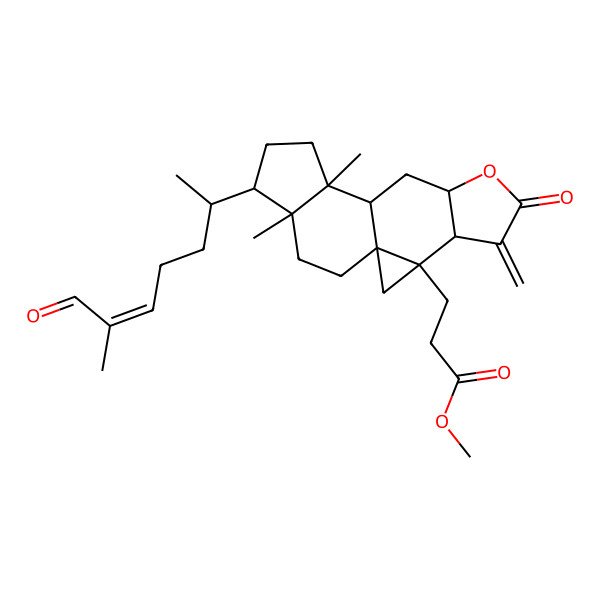 2D Structure of methyl 3-[(1R,3R,4S,8S,10S,11S,14S,15R)-11,15-dimethyl-5-methylidene-14-[(E,2S)-6-methyl-7-oxohept-5-en-2-yl]-6-oxo-7-oxapentacyclo[8.7.0.01,3.04,8.011,15]heptadecan-3-yl]propanoate