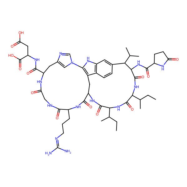 2D Structure of (2S)-2-[[(8R,9S,12S,15S,18S,21S,27S)-12-[(2S)-butan-2-yl]-15-[(2R)-butan-2-yl]-21-[3-(diaminomethylideneamino)propyl]-10,13,16,19,22,25-hexaoxo-9-[[(2S)-5-oxopyrrolidine-2-carbonyl]amino]-8-propan-2-yl-2,11,14,17,20,23,26,30,32-nonazapentacyclo[16.14.2.13,7.129,32.04,33]hexatriaconta-1(33),3,5,7(36),29(35),30-hexaene-27-carbonyl]amino]butanedioic acid