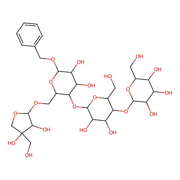 2D Structure of (2S,3R,4S,5S,6R)-2-[(2R,3S,4R,5R,6S)-6-[(2R,3S,4R,5R,6R)-2-[[(2R,3R,4R)-3,4-dihydroxy-4-(hydroxymethyl)oxolan-2-yl]oxymethyl]-4,5-dihydroxy-6-phenylmethoxyoxan-3-yl]oxy-4,5-dihydroxy-2-(hydroxymethyl)oxan-3-yl]oxy-6-(hydroxymethyl)oxane-3,4,5-triol