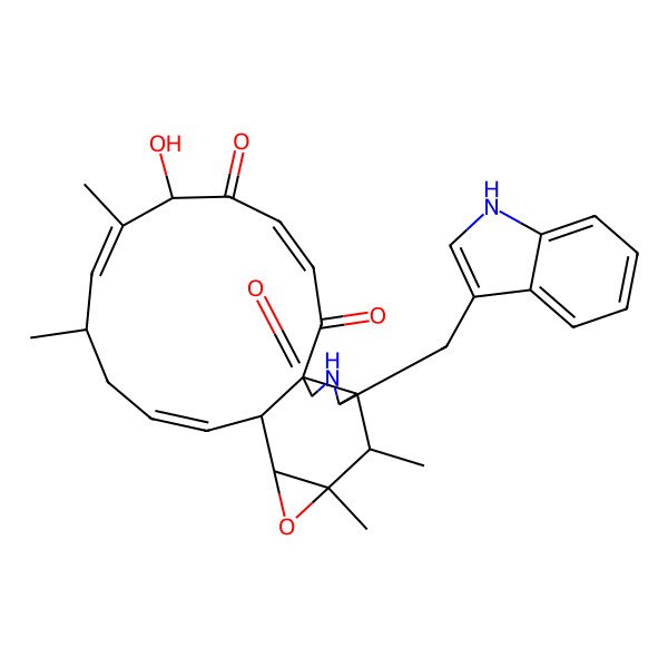 2D Structure of (1E,4S,5E,7R,9E,11aR,14S,14aR,15S,15aR,16bR)-7-hydroxy-14-(1H-indol-3-ylmethyl)-4,6,15,15a-tetramethyl-4,7,14,14a,15,15a,16a,16b-octahydro-3H-cyclotrideca[d]oxireno[f]isoindole-8,11,12(13H)-trione