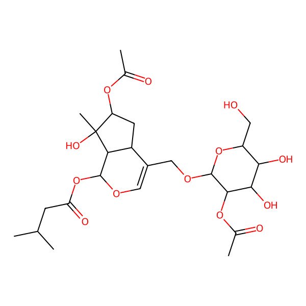 2D Structure of [(1S,4aS,6S,7S,7aS)-6-acetyloxy-4-[[(2R,3R,4S,5S,6R)-3-acetyloxy-4,5-dihydroxy-6-(hydroxymethyl)oxan-2-yl]oxymethyl]-7-hydroxy-7-methyl-4a,5,6,7a-tetrahydro-1H-cyclopenta[c]pyran-1-yl] 3-methylbutanoate