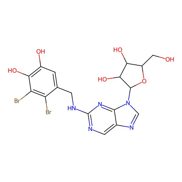 2D Structure of (2R,4R,5R)-2-[2-[(2,3-dibromo-4,5-dihydroxyphenyl)methylamino]purin-9-yl]-5-(hydroxymethyl)oxolane-3,4-diol