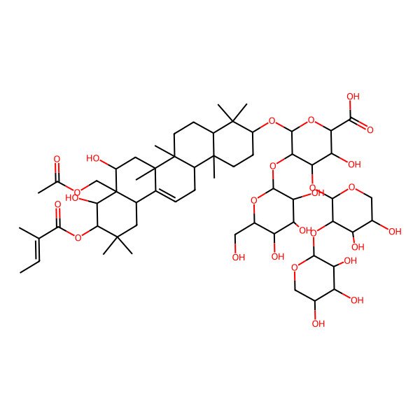 2D Structure of (2S,3S,4S,5R,6R)-6-[[(3S,4aR,6aR,6bS,8R,8aR,9R,10R,12aS,14aR,14bR)-8a-(acetyloxymethyl)-8,9-dihydroxy-4,4,6a,6b,11,11,14b-heptamethyl-10-[(E)-2-methylbut-2-enoyl]oxy-1,2,3,4a,5,6,7,8,9,10,12,12a,14,14a-tetradecahydropicen-3-yl]oxy]-4-[(2S,3R,4S,5S)-4,5-dihydroxy-3-[(2S,3R,4S,5R)-3,4,5-trihydroxyoxan-2-yl]oxyoxan-2-yl]oxy-3-hydroxy-5-[(2S,3R,4S,5R,6R)-3,4,5-trihydroxy-6-(hydroxymethyl)oxan-2-yl]oxyoxane-2-carboxylic acid