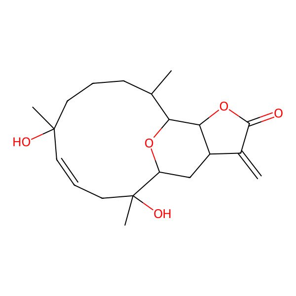 2D Structure of (1R,2S,4Z,6R,10S,11R,12S,16R)-2,6-dihydroxy-2,6,10-trimethyl-15-methylidene-13,18-dioxatricyclo[9.6.1.012,16]octadec-4-en-14-one