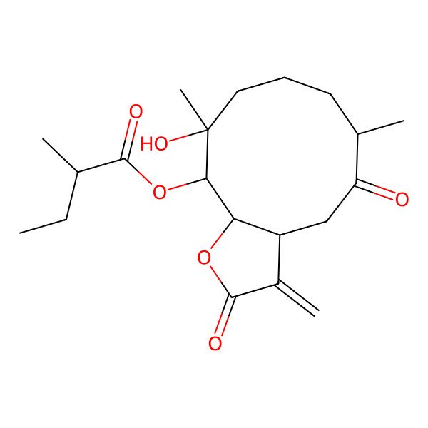 2D Structure of (10-Hydroxy-6,10-dimethyl-3-methylidene-2,5-dioxo-3a,4,6,7,8,9,11,11a-octahydrocyclodeca[b]furan-11-yl) 2-methylbutanoate