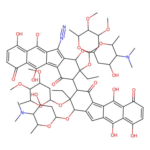 2D Structure of (1R,2S,3R)-11-diazonio-2-[(2S,4S,5S,6S)-4,5-dimethoxy-6-methyloxan-2-yl]oxy-3-[(1R,2S,3R)-2-[(2S,4S,5S,6S)-4,5-dimethoxy-6-methyloxan-2-yl]oxy-1-[(2R,4S,5R,6S)-5-(dimethylamino)-4-hydroxy-6-methyloxan-2-yl]oxy-2-ethyl-5,9,10-trihydroxy-4,6-dioxo-1,3-dihydrobenzo[b]fluoren-3-yl]-1-[(2R,4S,5R,6S)-5-(dimethylamino)-4-hydroxy-6-methyloxan-2-yl]oxy-2-ethyl-5,9-dihydroxy-4,6-dioxo-1,3-dihydrobenzo[b]fluoren-10-olate