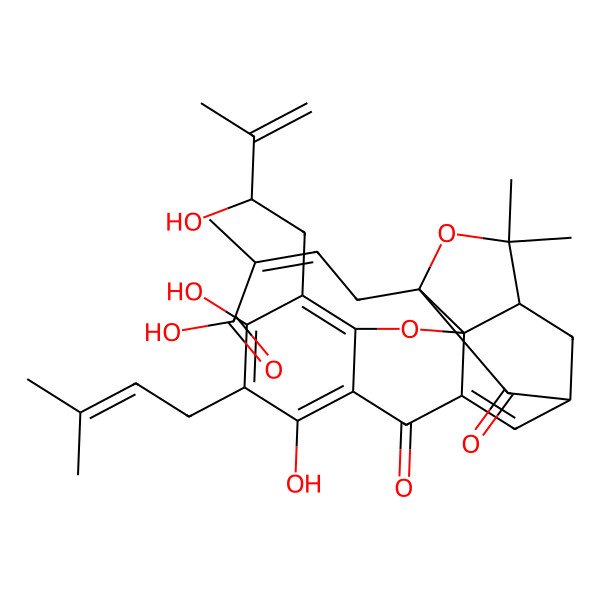 2D Structure of (E)-4-[(1S,2S,13S,15R)-6,8-dihydroxy-5-[(2R)-2-hydroxy-3-methylbut-3-enyl]-17,17-dimethyl-7-(3-methylbut-2-enyl)-10,14-dioxo-3,16-dioxapentacyclo[11.4.1.02,11.02,15.04,9]octadeca-4,6,8,11-tetraen-15-yl]-2-methylbut-2-enoic acid