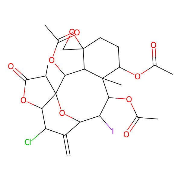 2D Structure of (2,9-Diacetyloxy-13-chloro-10-iodo-8,17-dimethyl-12-methylidene-16-oxospiro[15,18-dioxatetracyclo[9.6.1.01,14.03,8]octadecane-4,2'-oxirane]-7-yl) acetate