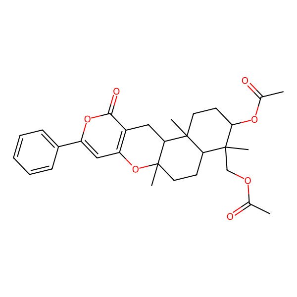 2D Structure of (5-Acetyloxy-2,6,10-trimethyl-16-oxo-14-phenyl-11,15-dioxatetracyclo[8.8.0.02,7.012,17]octadeca-12(17),13-dien-6-yl)methyl acetate