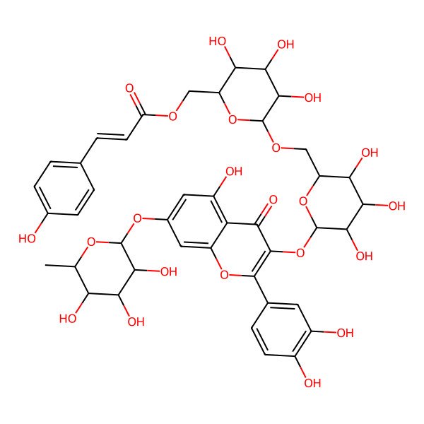 2D Structure of [(2S,3S,4S,5S,6R)-6-[[(2R,3S,4R,5S,6S)-6-[2-(3,4-dihydroxyphenyl)-5-hydroxy-4-oxo-7-[(2S,3S,4S,5R,6S)-3,4,5-trihydroxy-6-methyloxan-2-yl]oxychromen-3-yl]oxy-3,4,5-trihydroxyoxan-2-yl]methoxy]-3,4,5-trihydroxyoxan-2-yl]methyl (E)-3-(4-hydroxyphenyl)prop-2-enoate
