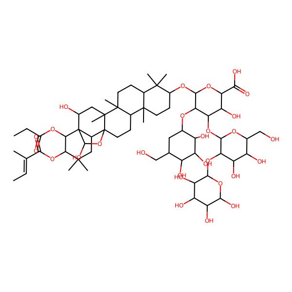 2D Structure of (2S,3S,4S,5R,6R)-6-[[(1R,2R,4S,5R,8R,10S,13R,14R,17S,18R,21R,22R,23S)-2,23-dihydroxy-4,5,9,9,13,20,20-heptamethyl-21-[(Z)-2-methylbut-2-enoyl]oxy-22-propanoyloxy-24-oxahexacyclo[15.5.2.01,18.04,17.05,14.08,13]tetracosan-10-yl]oxy]-4-[(2S,3S,4S,5R,6R)-4,5-dihydroxy-6-(hydroxymethyl)-3-[(2S,3R,4R,5R,6S)-3,4,5,6-tetrahydroxyoxan-2-yl]oxyoxan-2-yl]oxy-3-hydroxy-5-[(1R,2R,3S,4S,5R)-2,3,4-trihydroxy-5-(hydroxymethyl)cyclohexyl]oxyoxane-2-carboxylic acid
