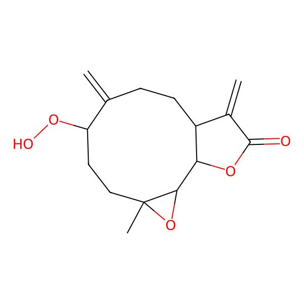 2D Structure of (1S,2R,4R,7R,11S)-7-hydroperoxy-4-methyl-8,12-dimethylidene-3,14-dioxatricyclo[9.3.0.02,4]tetradecan-13-one