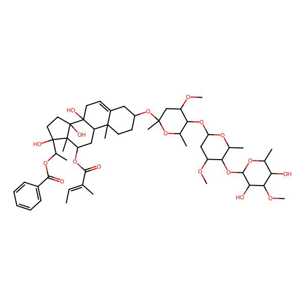 2D Structure of 1-[(3S,8S,10R,12R,13R,14R,17S)-3-[5-[5-(3,5-dihydroxy-4-methoxy-6-methyloxan-2-yl)oxy-4-methoxy-6-methyloxan-2-yl]oxy-4-methoxy-2,6-dimethyloxan-2-yl]oxy-8,14,17-trihydroxy-10,13-dimethyl-12-[(Z)-2-methylbut-2-enoyl]oxy-1,2,3,4,7,9,11,12,15,16-decahydrocyclopenta[a]phenanthren-17-yl]ethyl benzoate