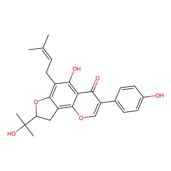2D Structure of (8S)-5-hydroxy-3-(4-hydroxyphenyl)-8-(2-hydroxypropan-2-yl)-6-(3-methylbut-2-enyl)-8,9-dihydrofuro[2,3-h]chromen-4-one