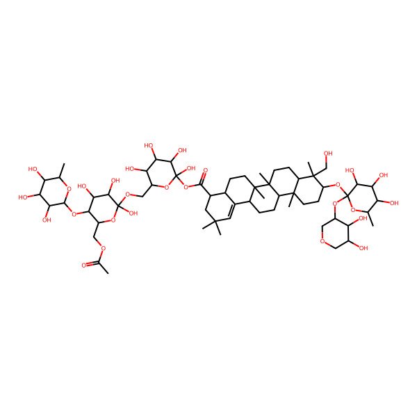 2D Structure of [(2R,3S,5S)-6-[[(2S,3S,5S)-6-(acetyloxymethyl)-2,3,4-trihydroxy-5-[(3S,4S,5S,6R)-3,4,5-trihydroxy-6-methyloxan-2-yl]oxyoxan-2-yl]oxymethyl]-2,3,4,5-tetrahydroxyoxan-2-yl] (4R,6aR,6bR,9R,10S,12aR,14aR)-10-[(3S,4S,5S,6R)-2-[(3R,4R,5R)-4,5-dihydroxyoxan-3-yl]oxy-3,4,5-trihydroxy-6-methyloxan-2-yl]oxy-9-(hydroxymethyl)-2,2,6a,6b,9,12a-hexamethyl-4,4a,5,6,6a,7,8,8a,10,11,12,13,14,14a-tetradecahydro-3H-picene-4-carboxylate