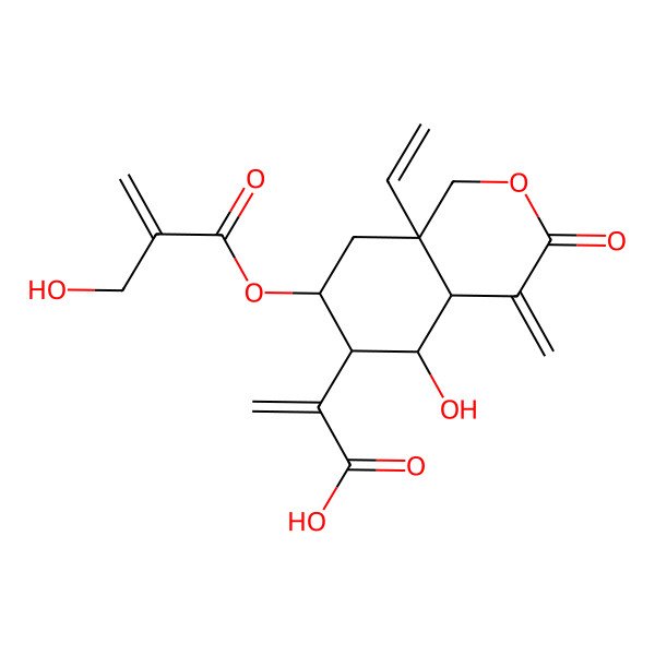 2D Structure of 2-[8a-Ethenyl-5-hydroxy-7-[2-(hydroxymethyl)prop-2-enoyloxy]-4-methylidene-3-oxo-1,4a,5,6,7,8-hexahydroisochromen-6-yl]prop-2-enoic acid
