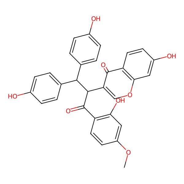 2D Structure of 7-hydroxy-3-[(2R)-1-(2-hydroxy-4-methoxyphenyl)-3,3-bis(4-hydroxyphenyl)-1-oxopropan-2-yl]chromen-4-one