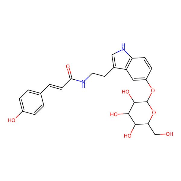 2D Structure of (E)-3-(4-hydroxyphenyl)-N-[2-[5-[(2S,3R,4S,5S,6R)-3,4,5-trihydroxy-6-(hydroxymethyl)oxan-2-yl]oxy-1H-indol-3-yl]ethyl]prop-2-enamide