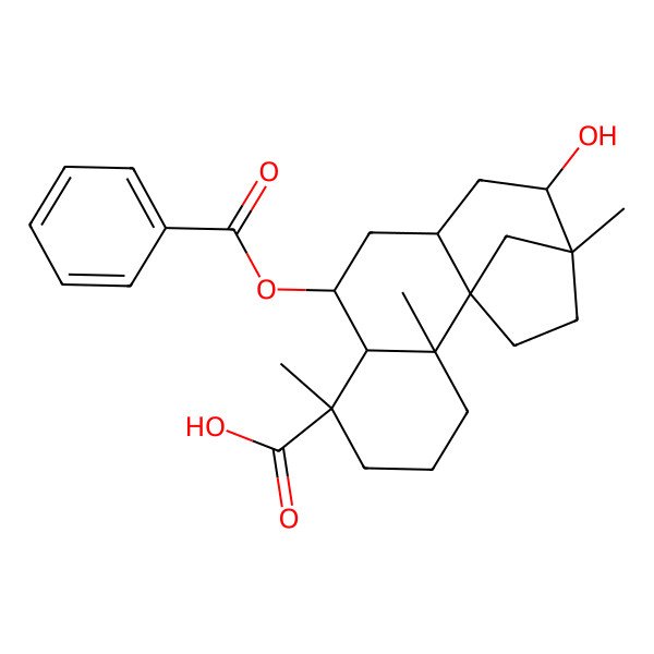 2D Structure of (1S,2S,6S,7R,8R,10R,12S,13S)-8-benzoyloxy-12-hydroxy-2,6,13-trimethyltetracyclo[11.2.1.01,10.02,7]hexadecane-6-carboxylic acid