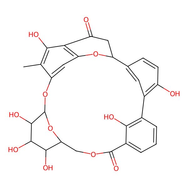 2D Structure of (1S,15R,16R,17S,18R,19S)-5,16,17,18,23,31-hexahydroxy-22-methyl-13,20,27,30-tetraoxahexacyclo[19.5.3.12,6.17,11.115,19.024,28]dotriaconta-2(32),3,5,7(31),8,10,21(29),22,24(28)-nonaene-12,25-dione