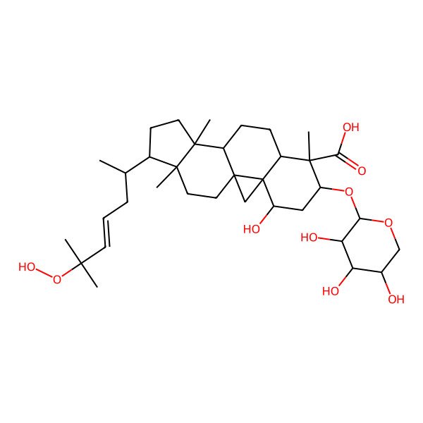 2D Structure of (1S,3S,4S,6S,7S,8R,11S,12S,15R,16R)-15-[(E,2R)-6-hydroperoxy-6-methylhept-4-en-2-yl]-4-hydroxy-7,12,16-trimethyl-6-[(2S,3R,4S,5R)-3,4,5-trihydroxyoxan-2-yl]oxypentacyclo[9.7.0.01,3.03,8.012,16]octadecane-7-carboxylic acid