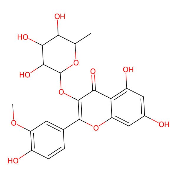 2D Structure of 5,7-dihydroxy-2-(4-hydroxy-3-methoxyphenyl)-3-[(2R,3R,4R,5R,6S)-3,4,5-trihydroxy-6-methyloxan-2-yl]oxychromen-4-one