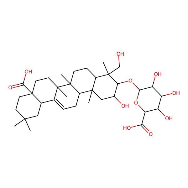 2D Structure of (2S,3S,4S,5R,6R)-6-[[(2S,3R,4R,4aR,6aR,6bS,8aS,12aS,14aR,14bR)-8a-carboxy-2-hydroxy-4-(hydroxymethyl)-4,6a,6b,11,11,14b-hexamethyl-1,2,3,4a,5,6,7,8,9,10,12,12a,14,14a-tetradecahydropicen-3-yl]oxy]-3,4,5-trihydroxyoxane-2-carboxylic acid