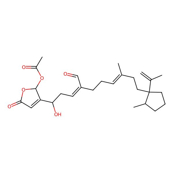 2D Structure of [(2S)-3-[(1S,3E,7E)-4-formyl-1-hydroxy-8-methyl-10-[(1R,2R)-2-methyl-1-prop-1-en-2-ylcyclopentyl]deca-3,7-dienyl]-5-oxo-2H-furan-2-yl] acetate