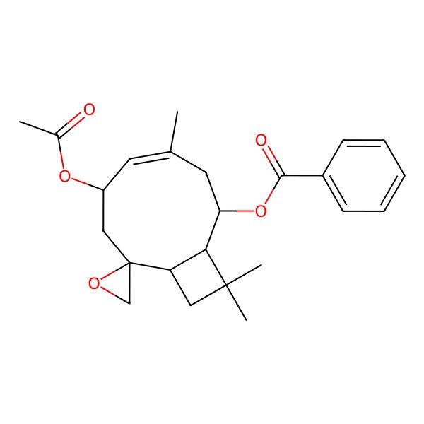 2D Structure of [(1S,2S,4E,6S,8S,9R)-6-acetyloxy-4,11,11-trimethylspiro[bicyclo[7.2.0]undec-4-ene-8,2'-oxirane]-2-yl] benzoate