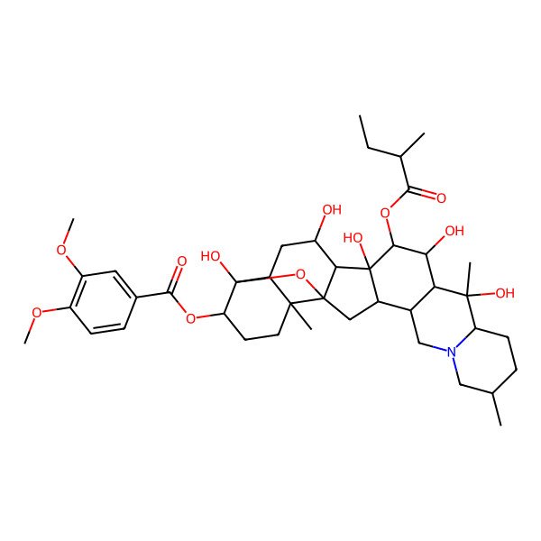 2D Structure of [(1S,2S,6S,9S,10S,11R,12R,13S,14S,15S,16R,18S,19S,22S,23R,25R)-10,12,14,16,23-pentahydroxy-6,10,19-trimethyl-13-[(2R)-2-methylbutanoyl]oxy-24-oxa-4-azaheptacyclo[12.12.0.02,11.04,9.015,25.018,23.019,25]hexacosan-22-yl] 3,4-dimethoxybenzoate
