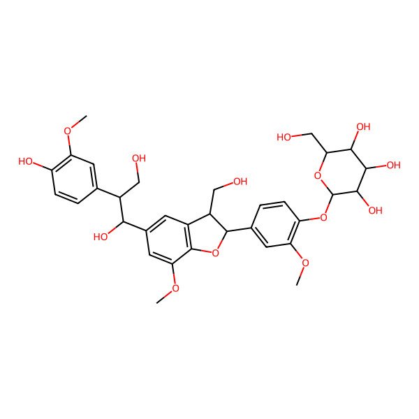 2D Structure of (2S,3R,4S,5S,6R)-2-[4-[(2R,3S)-5-[(1S,2R)-1,3-dihydroxy-2-(4-hydroxy-3-methoxyphenyl)propyl]-3-(hydroxymethyl)-7-methoxy-2,3-dihydro-1-benzofuran-2-yl]-2-methoxyphenoxy]-6-(hydroxymethyl)oxane-3,4,5-triol