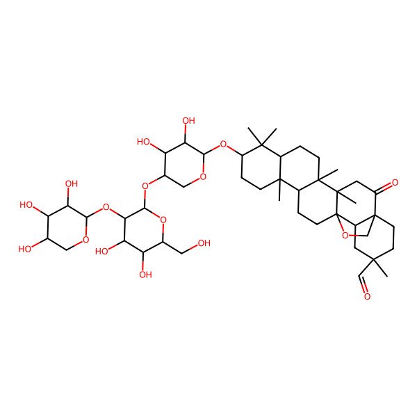 2D Structure of (1S,4S,5R,8R,10S,13R,14R,17S,18R,20S)-10-[(2S,3R,4R,5S)-5-[(2S,3R,4S,5S,6R)-4,5-dihydroxy-6-(hydroxymethyl)-3-[(2S,3R,4S,5R)-3,4,5-trihydroxyoxan-2-yl]oxyoxan-2-yl]oxy-3,4-dihydroxyoxan-2-yl]oxy-4,5,9,9,13,20-hexamethyl-2-oxo-24-oxahexacyclo[15.5.2.01,18.04,17.05,14.08,13]tetracosane-20-carbaldehyde