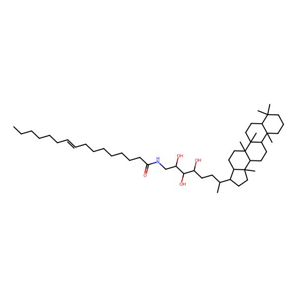 2D Structure of N-[7-(5a,5b,8,8,11a,13b-hexamethyl-1,2,3,3a,4,5,6,7,7a,9,10,11,11b,12,13,13a-hexadecahydrocyclopenta[a]chrysen-3-yl)-2,3,4-trihydroxyoctyl]hexadec-9-enamide