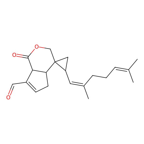 2D Structure of 2'-(2,6-Dimethylhepta-1,5-dienyl)-1-oxospiro[3,4a,5,7a-tetrahydrocyclopenta[c]pyran-4,1'-cyclopropane]-7-carbaldehyde