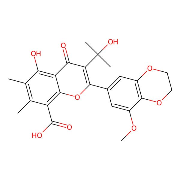 2D Structure of 5-Hydroxy-3-(2-hydroxypropan-2-yl)-2-(5-methoxy-2,3-dihydro-1,4-benzodioxin-7-yl)-6,7-dimethyl-4-oxochromene-8-carboxylic acid