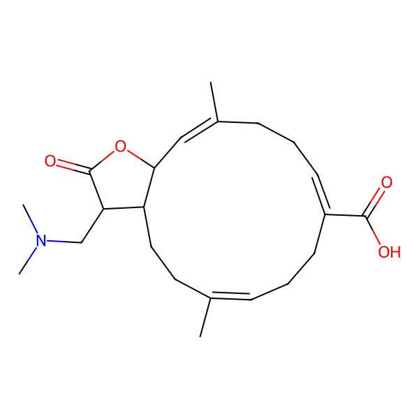 2D Structure of 3-[(dimethylamino)methyl]-6,14-dimethyl-2-oxo-3a,4,5,8,9,12,13,15a-octahydro-3H-cyclotetradeca[b]furan-10-carboxylic acid