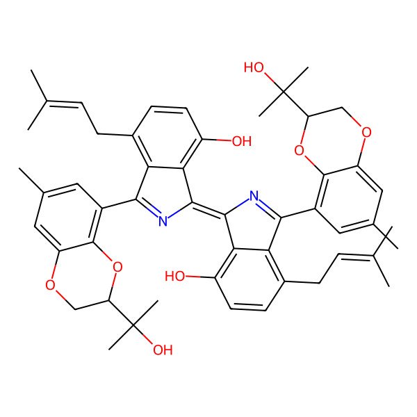 2D Structure of 3-[7-Hydroxy-3-[3-(2-hydroxypropan-2-yl)-7-methyl-2,3-dihydro-1,4-benzodioxin-5-yl]-4-(3-methylbut-2-enyl)isoindol-1-ylidene]-1-[3-(2-hydroxypropan-2-yl)-7-methyl-2,3-dihydro-1,4-benzodioxin-5-yl]-7-(3-methylbut-2-enyl)isoindol-4-ol