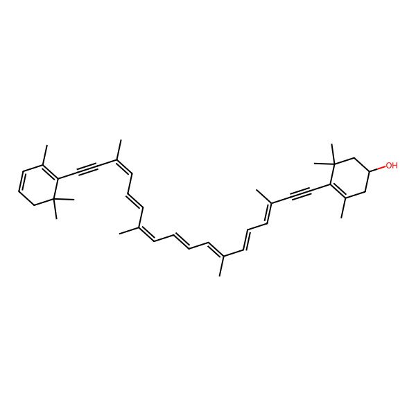 2D Structure of (1R)-3,5,5-trimethyl-4-[(3E,5E,7E,9E,11E,13E,15E)-3,7,12,16-tetramethyl-18-(2,6,6-trimethylcyclohexa-1,3-dien-1-yl)octadeca-3,5,7,9,11,13,15-heptaen-1,17-diynyl]cyclohex-3-en-1-ol