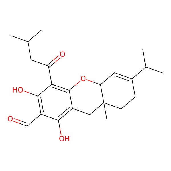 2D Structure of 1,3-Dihydroxy-8a-methyl-4-(3-methylbutanoyl)-6-propan-2-yl-7,8,9,10a-tetrahydroxanthene-2-carbaldehyde