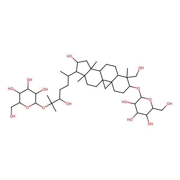 2D Structure of 2-[[14-Hydroxy-7-(hydroxymethyl)-15-[5-hydroxy-6-methyl-6-[3,4,5-trihydroxy-6-(hydroxymethyl)oxan-2-yl]oxyheptan-2-yl]-7,12,16-trimethyl-6-pentacyclo[9.7.0.01,3.03,8.012,16]octadecanyl]oxy]-6-(hydroxymethyl)oxane-3,4,5-triol