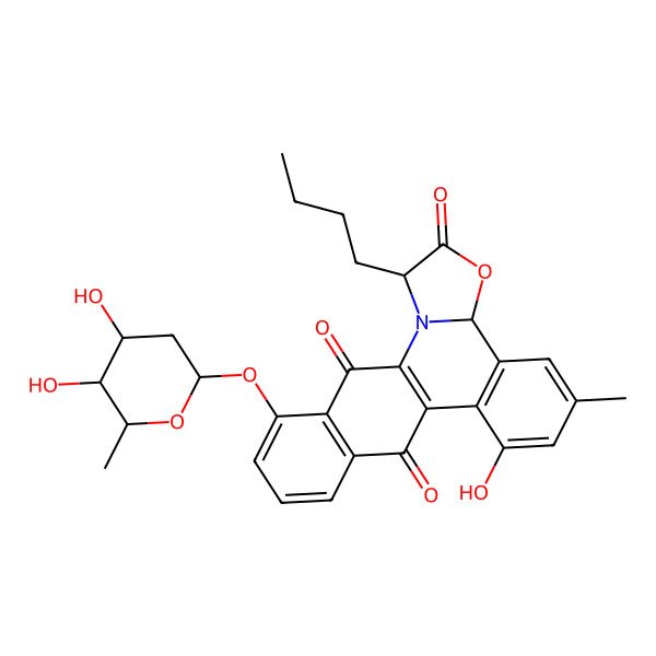 2D Structure of (3R)-3-butyl-19-[(2S,5R)-4,5-dihydroxy-6-methyloxan-2-yl]oxy-11-hydroxy-9-methyl-5-oxa-2-azapentacyclo[11.8.0.02,6.07,12.015,20]henicosa-1(13),7(12),8,10,15(20),16,18-heptaene-4,14,21-trione