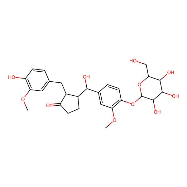 2D Structure of (2R,3S)-2-[(4-hydroxy-3-methoxyphenyl)methyl]-3-[(R)-hydroxy-[3-methoxy-4-[(2S,3R,4S,5S,6R)-3,4,5-trihydroxy-6-(hydroxymethyl)oxan-2-yl]oxyphenyl]methyl]cyclopentan-1-one