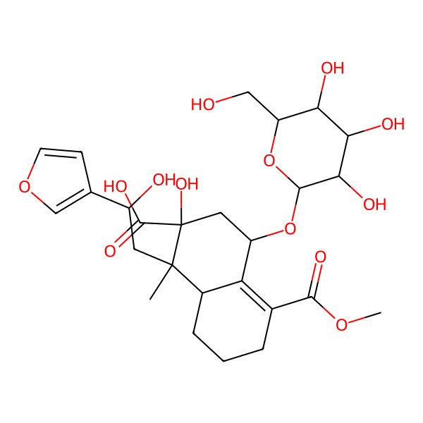 2D Structure of (1S,2R,4S,8aR)-1-[(2S)-2-(furan-3-yl)-2-hydroxyethyl]-2-hydroxy-5-methoxycarbonyl-1-methyl-4-[(2S,3S,4R,5S,6R)-3,4,5-trihydroxy-6-(hydroxymethyl)oxan-2-yl]oxy-3,4,6,7,8,8a-hexahydronaphthalene-2-carboxylic acid