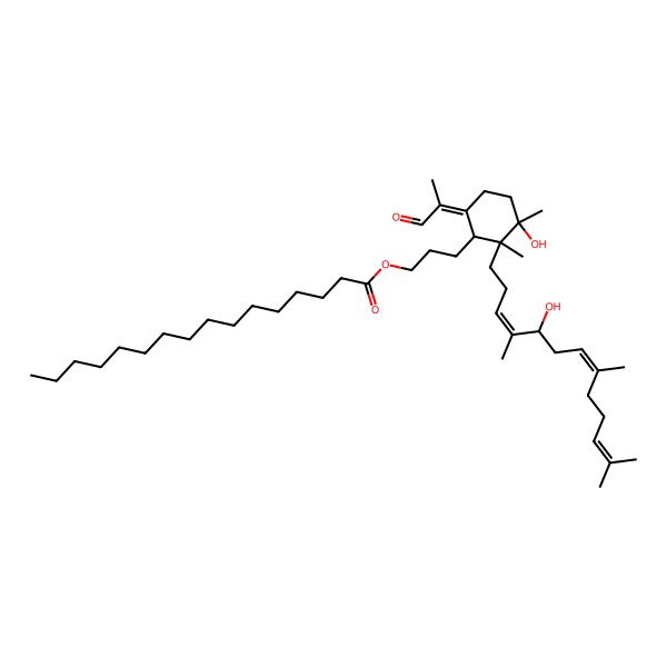 2D Structure of 3-[3-Hydroxy-2-(5-hydroxy-4,8,12-trimethyltrideca-3,7,11-trienyl)-2,3-dimethyl-6-(1-oxopropan-2-ylidene)cyclohexyl]propyl hexadecanoate