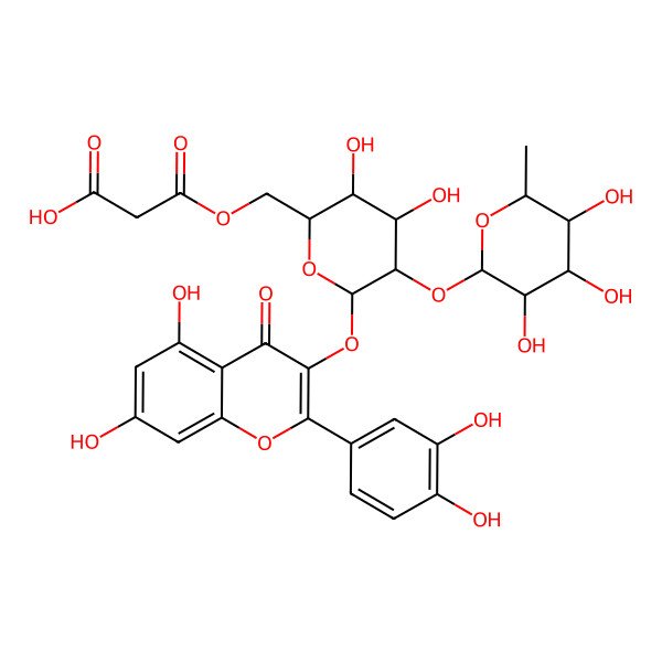 2D Structure of 3-[[6-[2-(3,4-Dihydroxyphenyl)-5,7-dihydroxy-4-oxochromen-3-yl]oxy-3,4-dihydroxy-5-(3,4,5-trihydroxy-6-methyloxan-2-yl)oxyoxan-2-yl]methoxy]-3-oxopropanoic acid