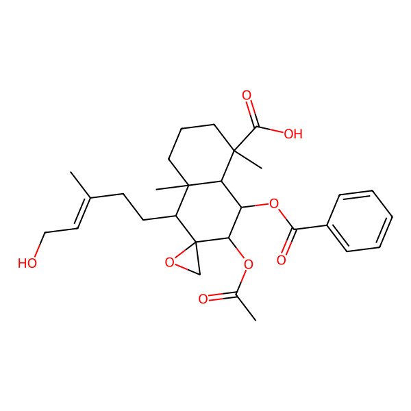 2D Structure of (1R,4aS,5S,6R,7R,8S,8aR)-7-acetyloxy-8-benzoyloxy-5-[(E)-5-hydroxy-3-methylpent-3-enyl]-1,4a-dimethylspiro[3,4,5,7,8,8a-hexahydro-2H-naphthalene-6,2'-oxirane]-1-carboxylic acid