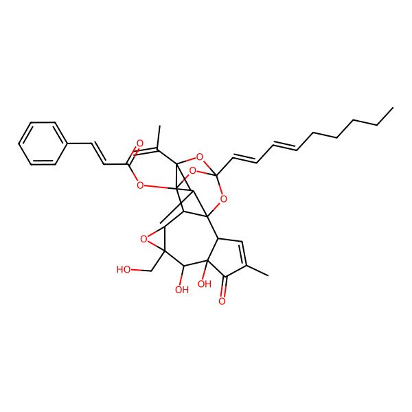 2D Structure of [6,7-Dihydroxy-8-(hydroxymethyl)-4,18-dimethyl-14-nona-1,3-dienyl-5-oxo-16-prop-1-en-2-yl-9,13,15,19-tetraoxahexacyclo[12.4.1.01,11.02,6.08,10.012,16]nonadec-3-en-17-yl] 3-phenylprop-2-enoate
