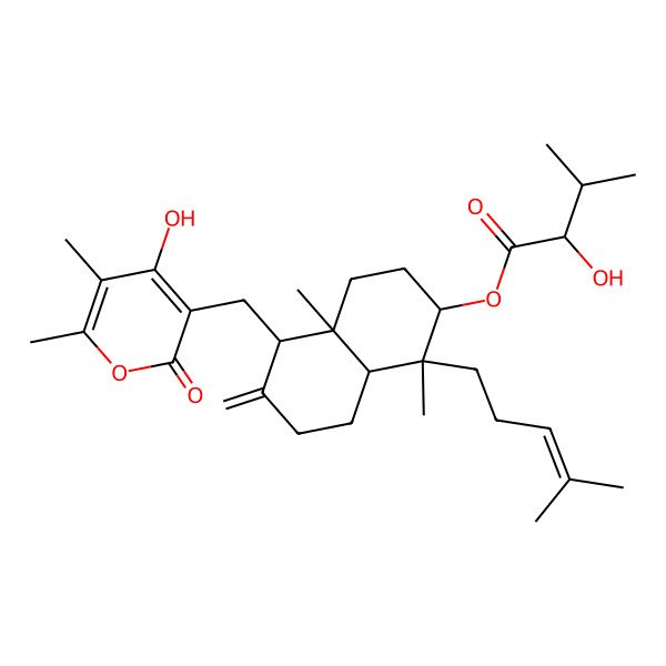 2D Structure of [5-[(4-hydroxy-5,6-dimethyl-2-oxopyran-3-yl)methyl]-1,4a-dimethyl-6-methylidene-1-(4-methylpent-3-enyl)-3,4,5,7,8,8a-hexahydro-2H-naphthalen-2-yl] 2-hydroxy-3-methylbutanoate